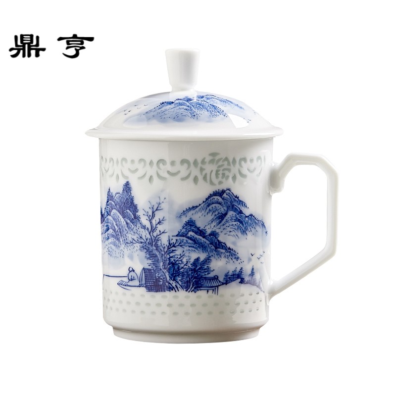 鼎亨景德镇陶瓷办公室茶杯带盖手绘青花玲珑花茶杯子茶具耐热个人