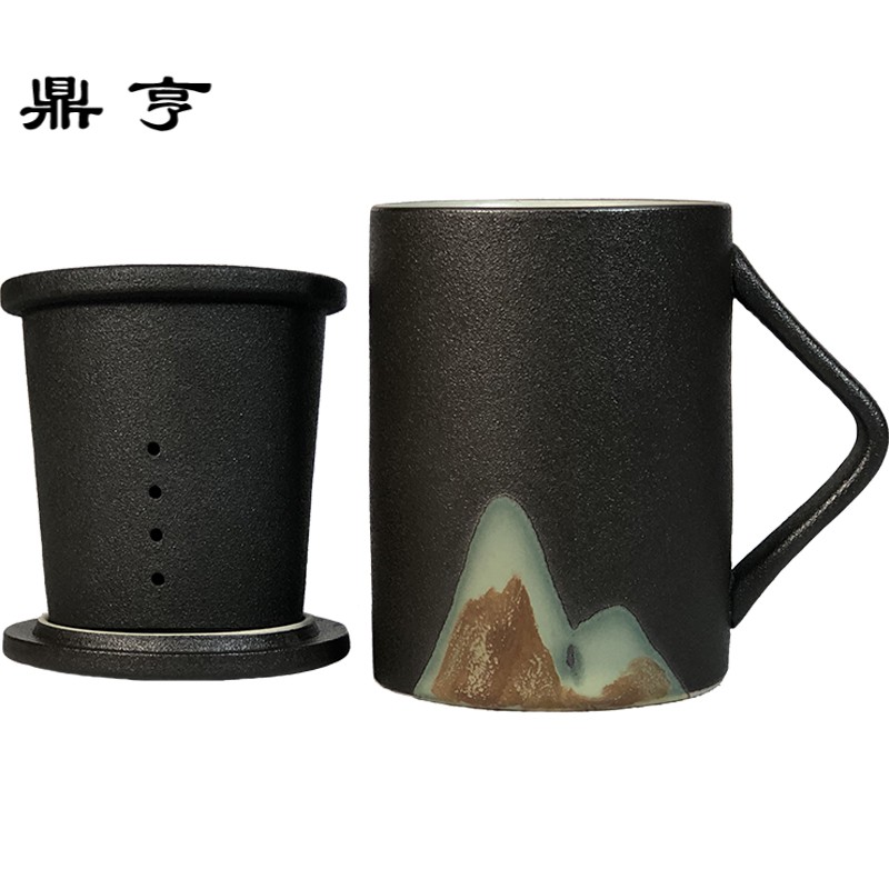 鼎亨粗陶日式茶水分离泡茶杯小过滤水杯女办公室陶瓷杯子带盖马克