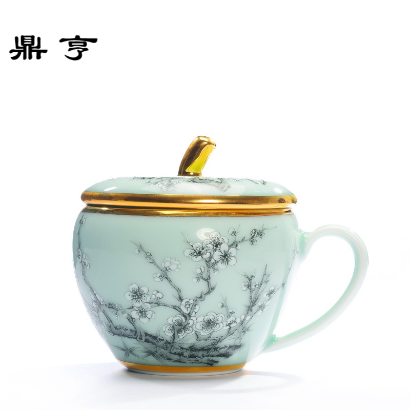 鼎亨景德镇陶瓷杯 手工带盖泡茶杯彩绘家用办公室喝茶会议马克水