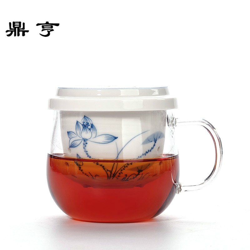 鼎亨耐热玻璃茶杯手绘陶瓷内胆带盖过滤带把茶水分离个人泡茶杯