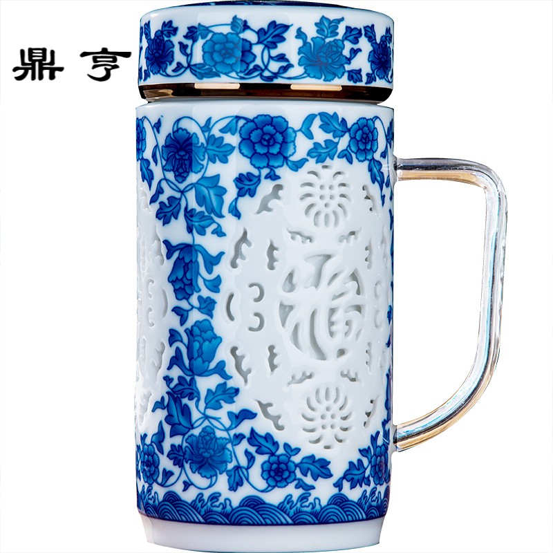 鼎亨陶瓷保温杯带盖青花瓷便携大容量办公泡茶杯男女加厚礼品杯