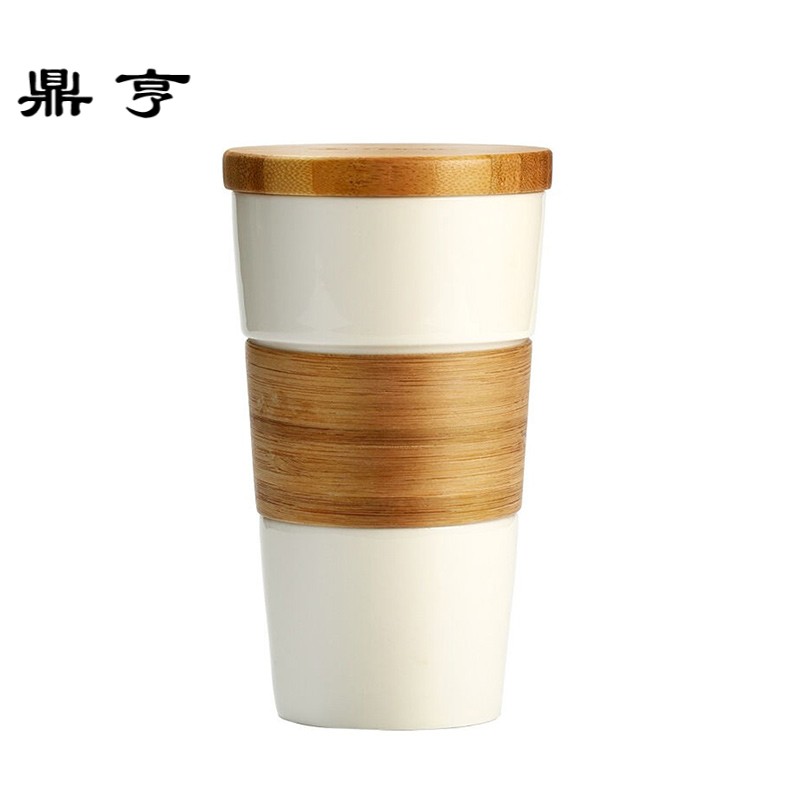 鼎亨 马克杯 竹盖带盖水杯咖啡杯白色陶瓷杯 翟至味同款茶杯子