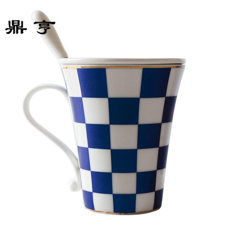 鼎亨情侣水杯陶瓷骨质瓷马克杯大容量带盖勺办公室咖啡杯蓝雅