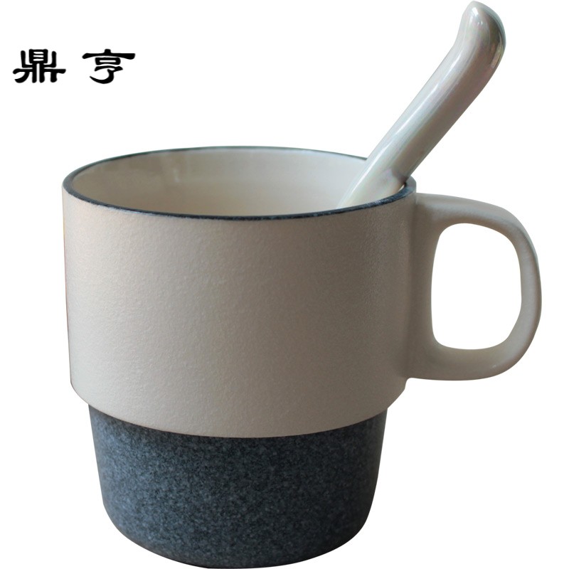 鼎亨日式咖啡杯带盖勺创意陶瓷杯子简约复古家用马克杯个性办公水
