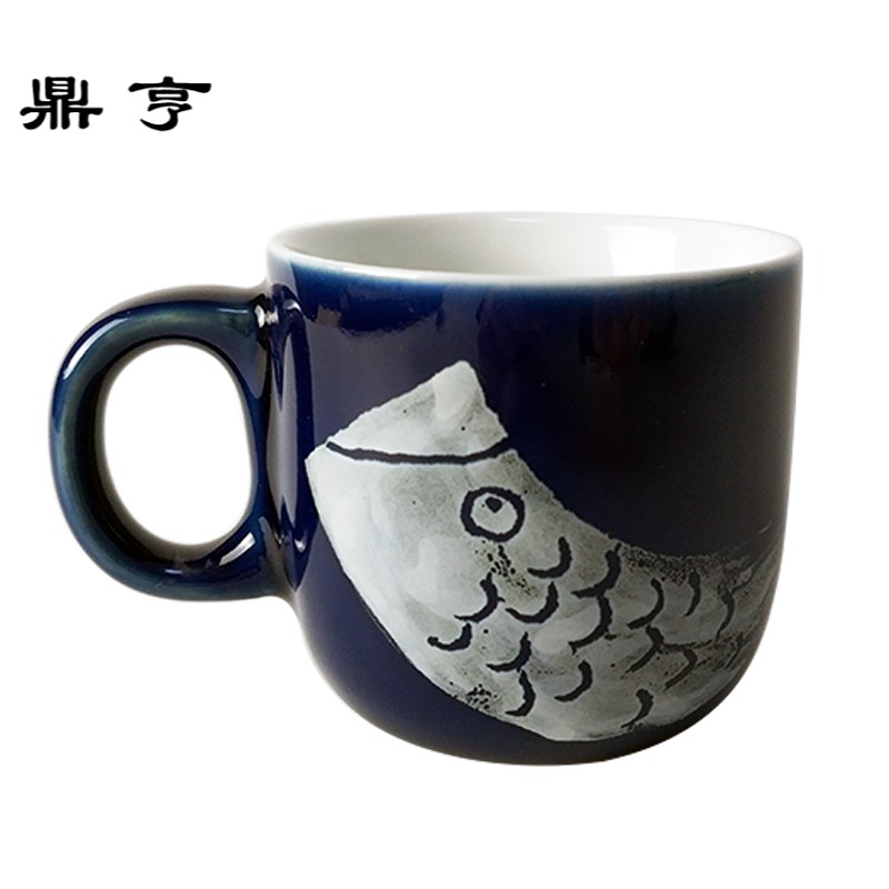 鼎亨蓝色咖啡杯手绘游鱼时尚小容量马克杯景德镇陶瓷日式小茶杯带