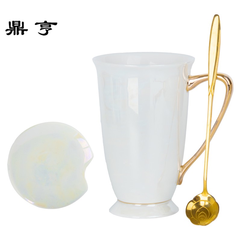 鼎亨北欧ins风珠光炫彩简约描金陶瓷杯子带盖勺喝水马克杯咖啡骨