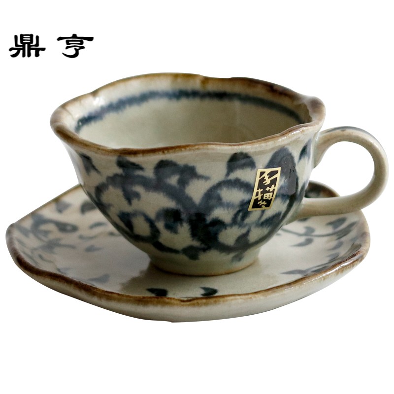 鼎亨 日本制手绘 唐纹风雅粗陶瓷杯 咖啡杯茶杯碟套装
