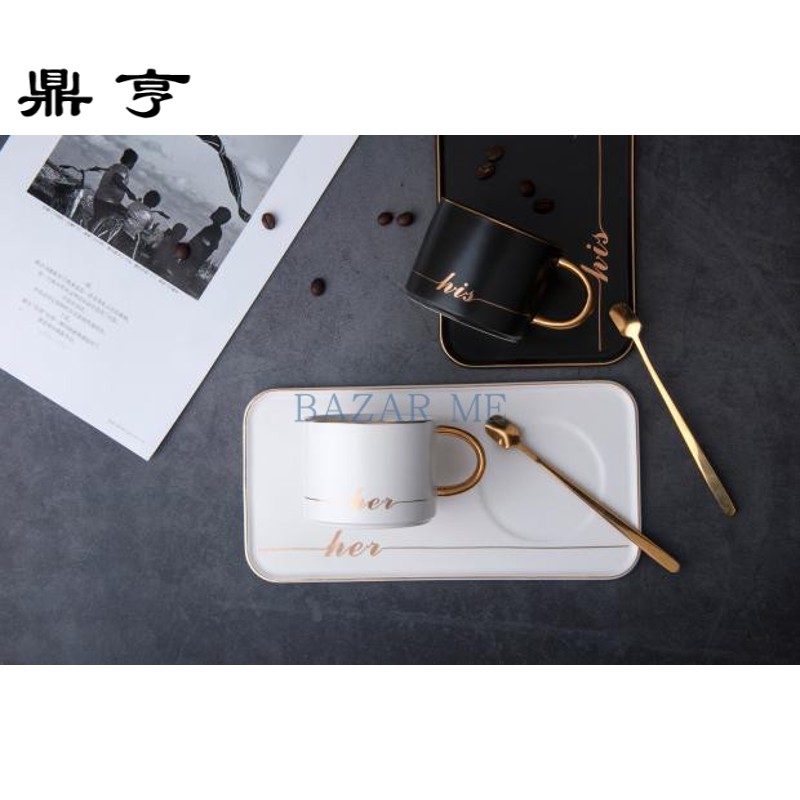 鼎亨BAZARME 轻奢高定鎏哑光金黑白咖啡杯套装 含2杯2盘2勺 HIS&amp;H