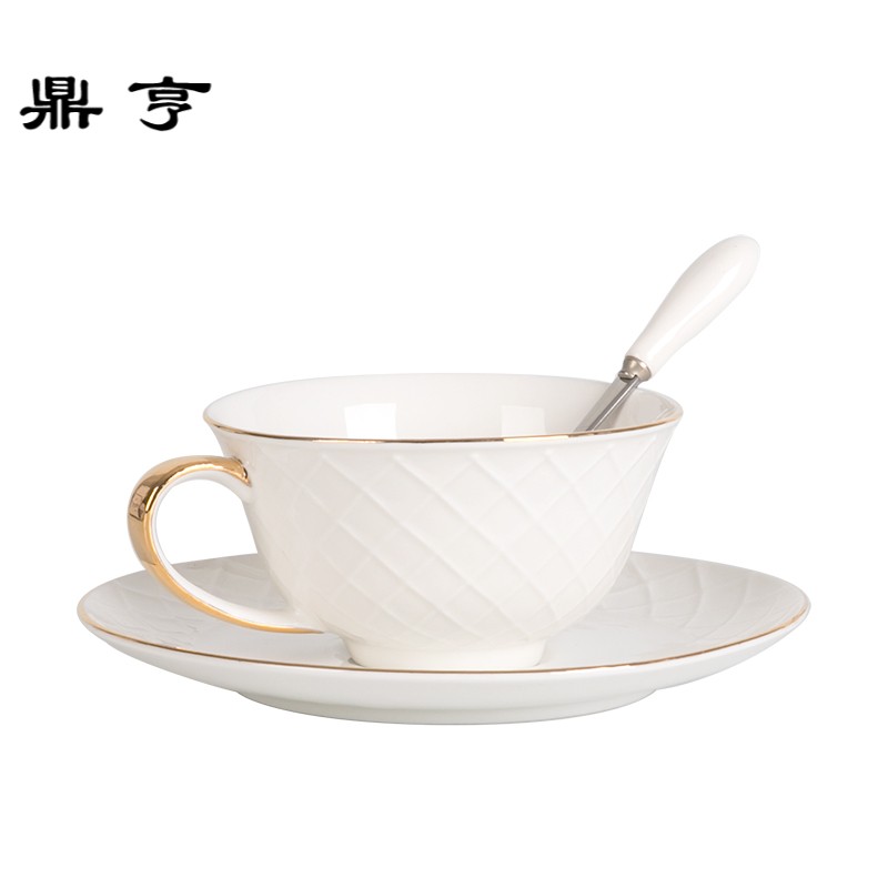 鼎亨陶瓷咖啡杯碟欧式金边简约骨瓷带勺带碟英式下午茶杯纯白商务