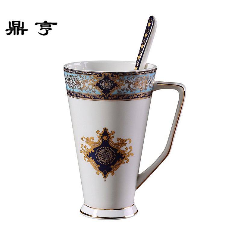 鼎亨复古骨瓷马克杯个性大容量水杯欧式咖啡杯牛奶杯带勺