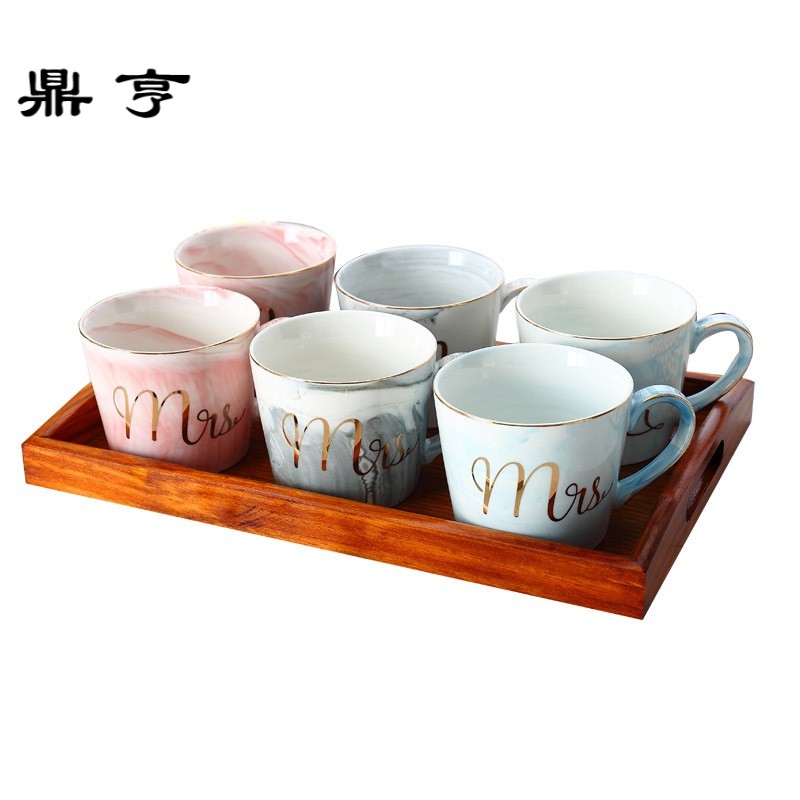 鼎亨大理石纹马克杯北欧金边陶瓷杯cup牛奶咖啡杯情侣杯木架托盘