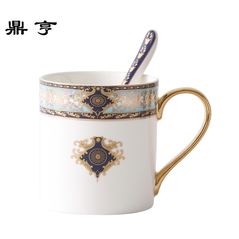 鼎亨波西米蓝描金欧式骨瓷马克杯带勺子创意陶瓷咖啡杯办公室水杯