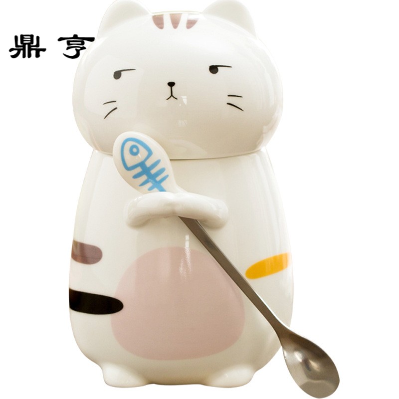 鼎亨马克杯女陶瓷带盖勺创意猫咪卡通可爱韩版牛奶咖啡宜家水杯