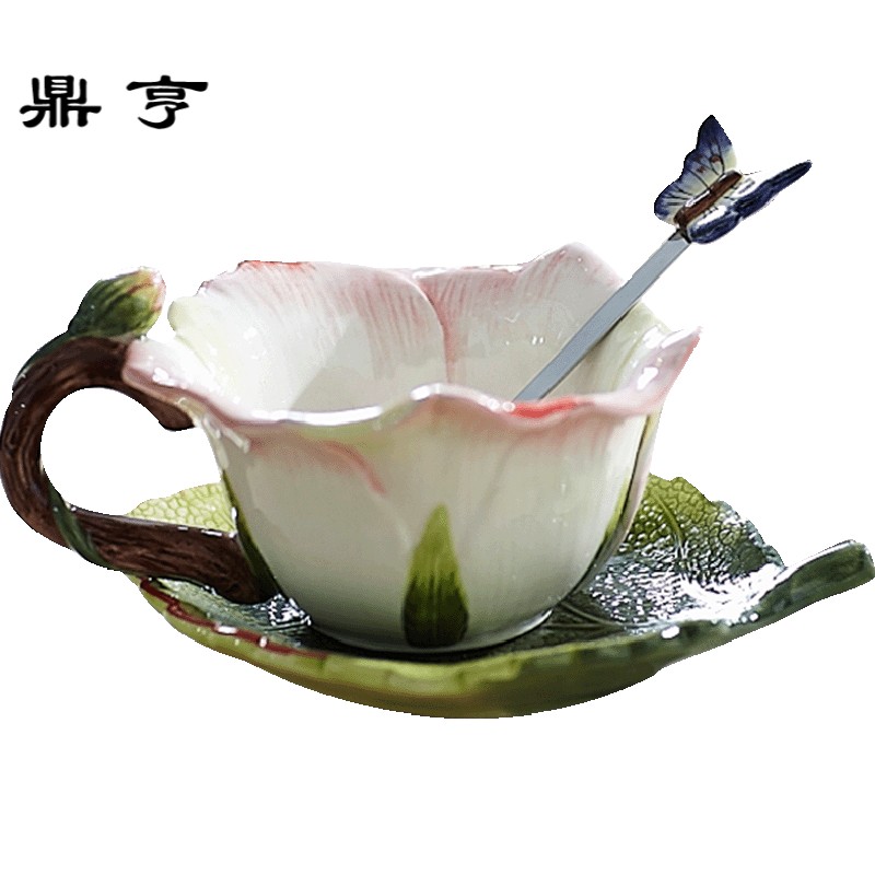 鼎亨粉玫瑰杯子陶瓷杯创意茶杯套装咖啡杯花茶具可爱结婚杯碟勺