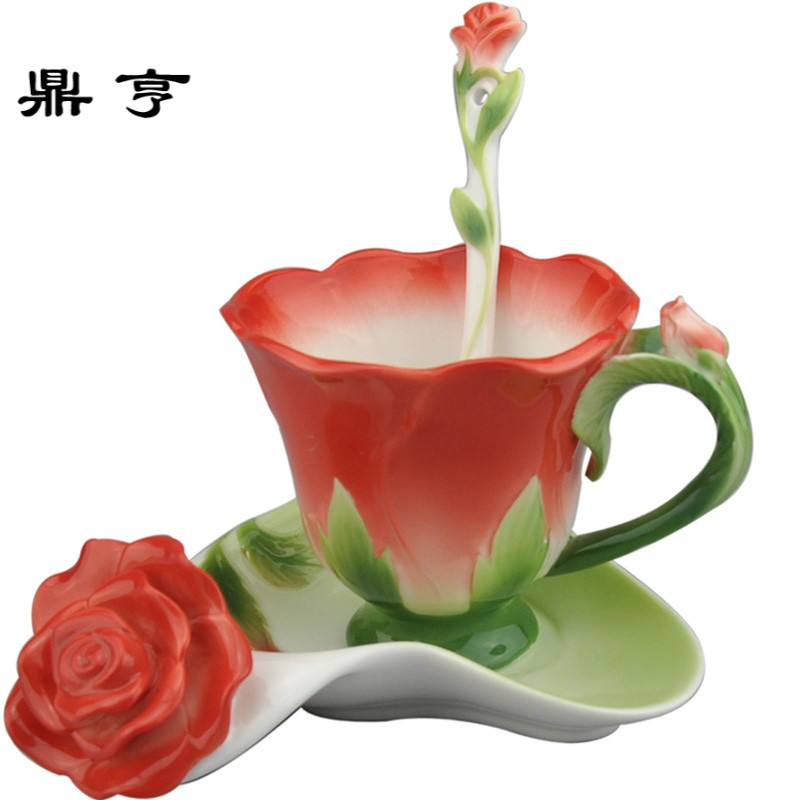 鼎亨珐琅彩陶瓷咖啡杯碟勺套装欧式骨瓷结婚生日少女心杯子可