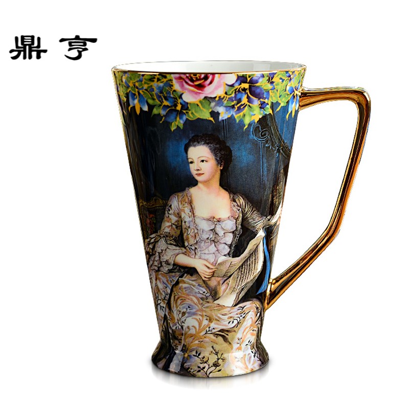鼎亨欧式骨瓷马克水杯大容量 复古创意简约陶瓷家用咖啡茶杯子带