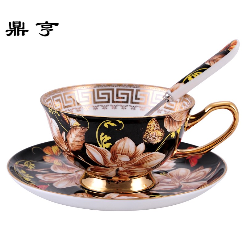 鼎亨黑色木兰花欧式骨瓷咖啡杯套装描金英式创意下午茶杯具红茶杯