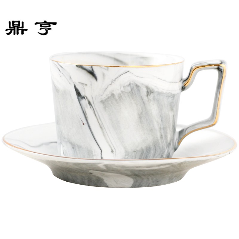 鼎亨北欧极简风描金陶瓷咖啡杯配碟套装灰大理石纹下午茶红茶杯