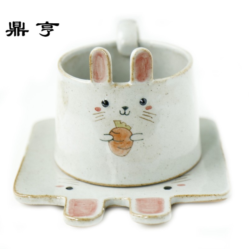 鼎亨可爱兔子粗陶马克杯陶瓷水杯咖啡杯碟套装创意牛奶杯