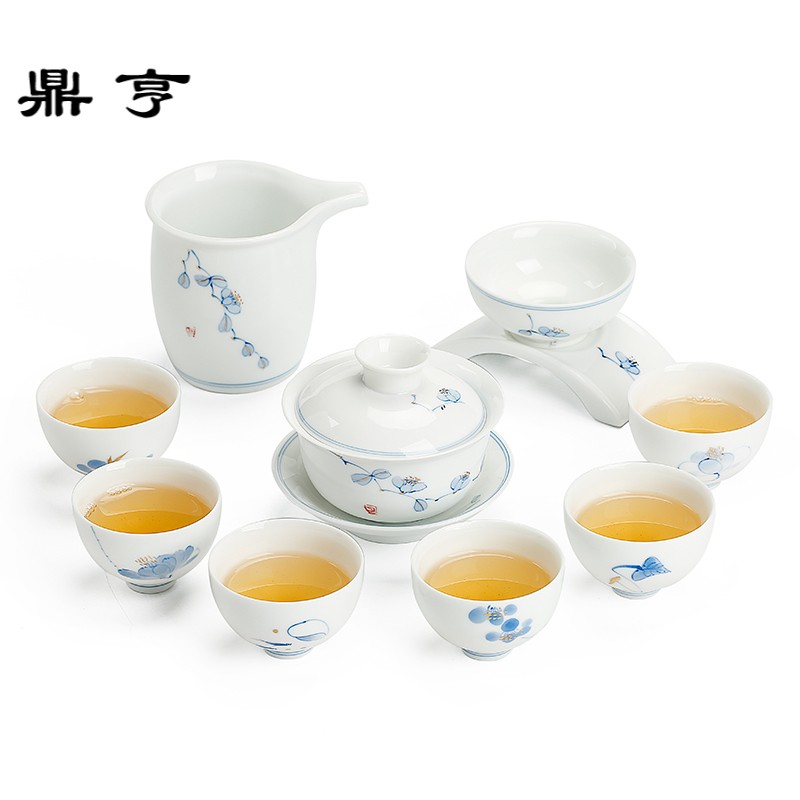鼎亨手绘白瓷陶瓷茶具套装家用大号杯子整套功夫茶具礼盒送礼盖碗