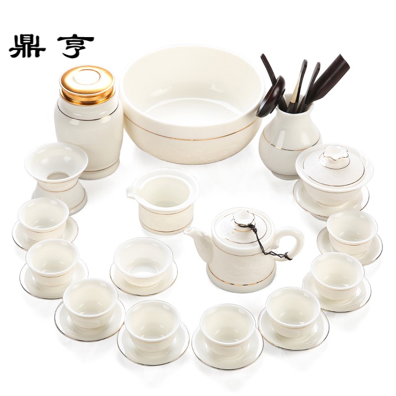 鼎亨羊脂玉瓷功夫茶具套装整套德化白瓷影描金茶壶盖碗家用陶瓷
