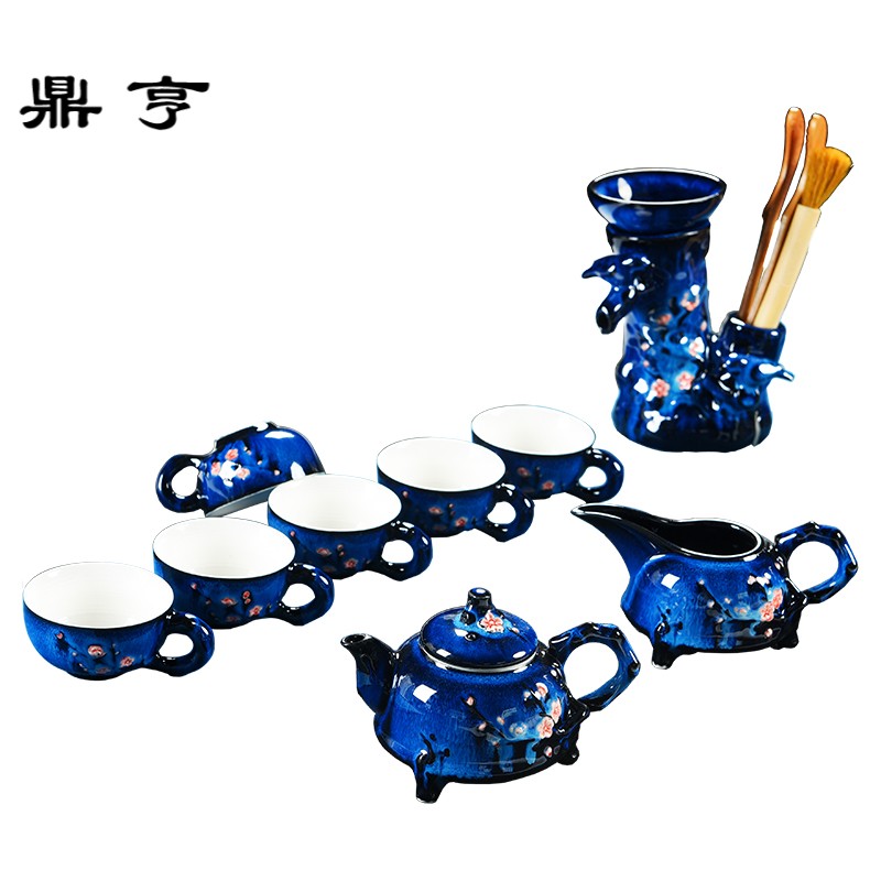 鼎亨窑变手绘陶瓷功夫茶具套装半自动家用简约整套茶杯侧把茶壶办