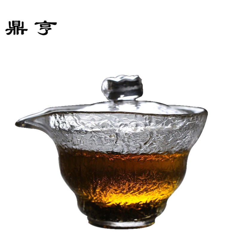 鼎亨泡茶杯玻璃盖碗茶具大号透明加厚耐热三才茶碗手工日式冰裂锤