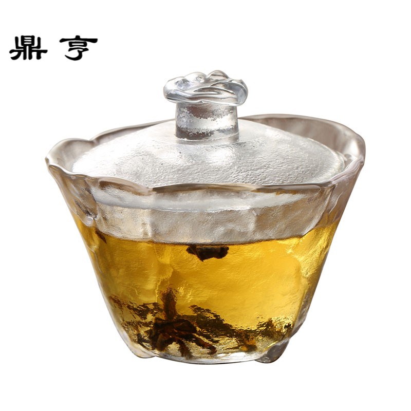 鼎亨水晶玻璃盖碗茶杯茶具大号透明加厚耐热三才茶碗套装日式锤纹