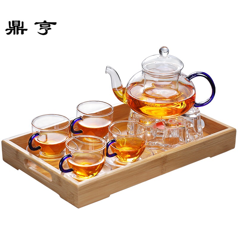 鼎亨耐热玻璃茶具套装茶壶茶杯保温底座组合家用简约透明加厚花