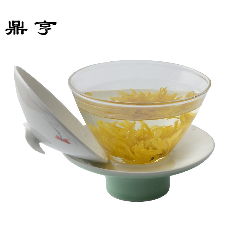 鼎亨手绘三才盖碗茶杯 耐热玻璃绿茶花茶碗 大号介杯功夫茶具泡茶