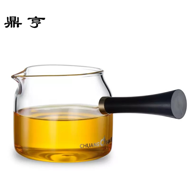 鼎亨耐热玻璃公杯公道杯黑檀侧把平茶杯带茶漏茶具加厚玻璃茶海分