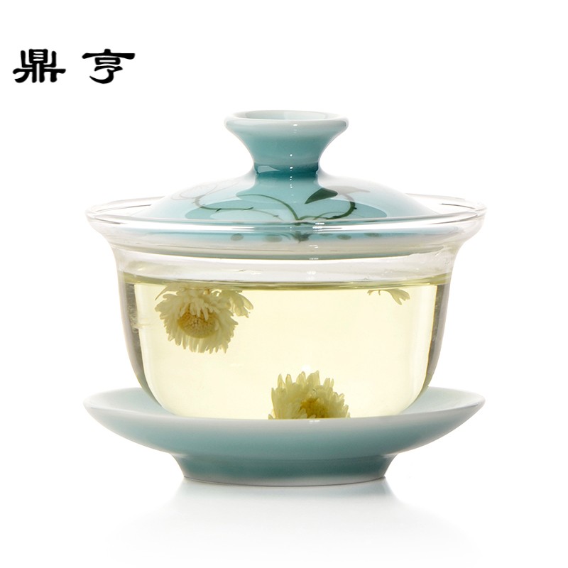 鼎亨青花瓷茶碗家用泡茶功夫三才盖碗 耐热玻璃盖碗茶具陶瓷