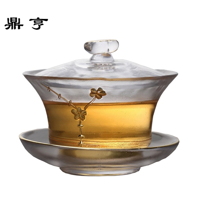 鼎亨手工描金玻璃盖碗茶杯 茶具透明加厚耐热三才泡茶碗盖碗 大号