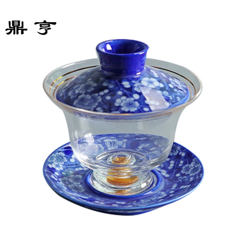 鼎亨 珐琅玻璃三才盖碗 耐热大号陶瓷茶杯家用透明泡茶碗功夫茶具