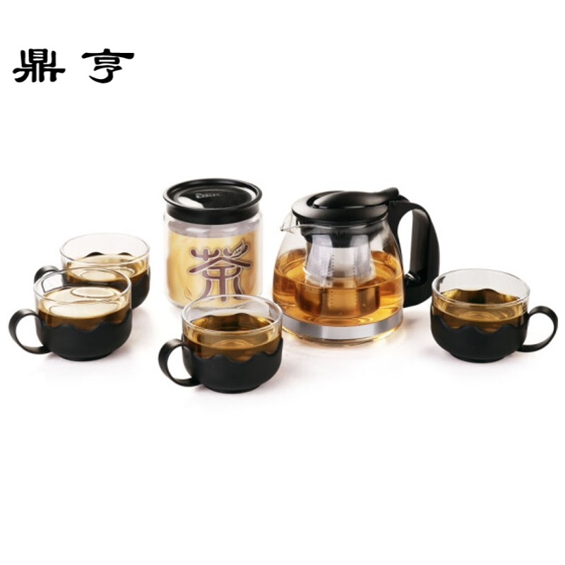 鼎亨金熊高硼硅耐热玻璃茶具花雨花茶壶套装六件套茶叶罐送礼盒装