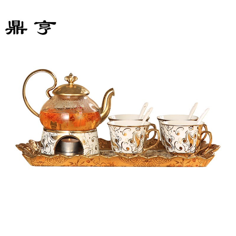 鼎亨日系金边花茶壶煮水果茶壶套装陶瓷玻璃下午茶花果茶茶具蜡烛