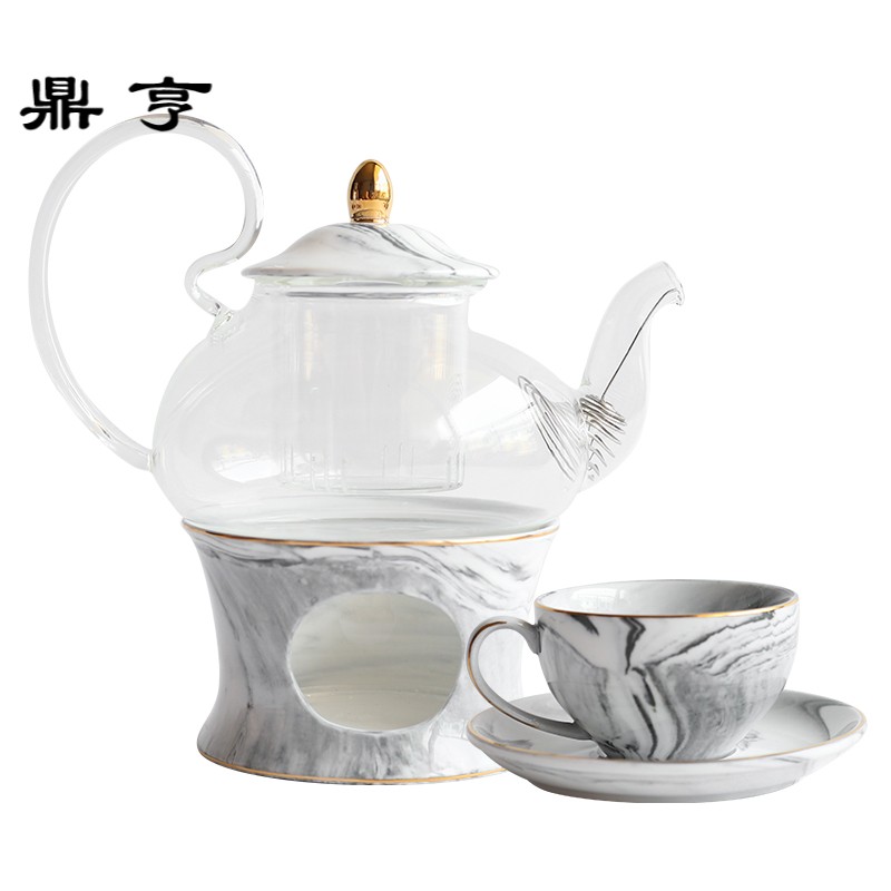 鼎亨北欧创意大理石陶瓷玻璃花茶壶套装下午茶花果茶具蜡烛加热底