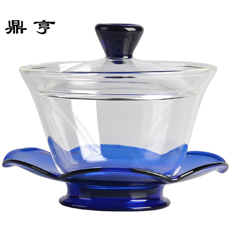 鼎亨台湾茶具耐热玻璃晶彩带托大盖碗茶碗三才碗茶杯功夫茶道