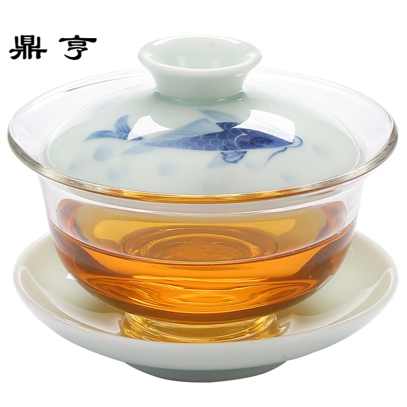 鼎亨陶瓷手绘玻璃盖碗三才碗泡茶杯套装大号耐热加厚家用白瓷功夫