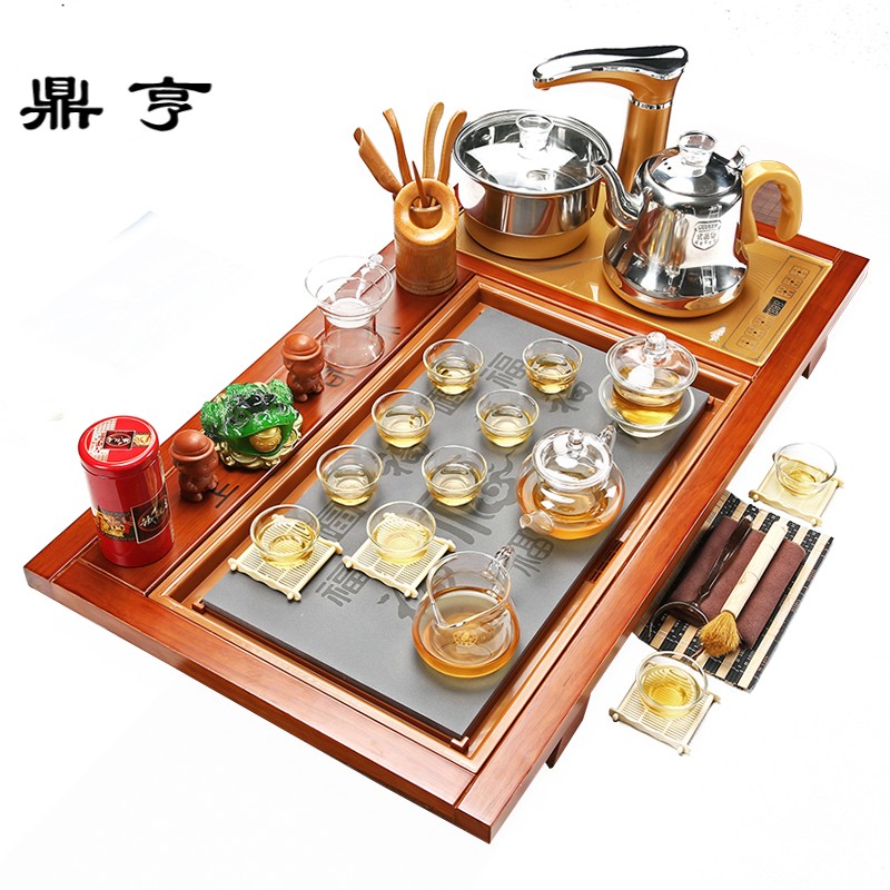 鼎亨功夫茶具套装家用简约茶杯玻璃紫砂陶瓷电磁炉四合一实木茶盘