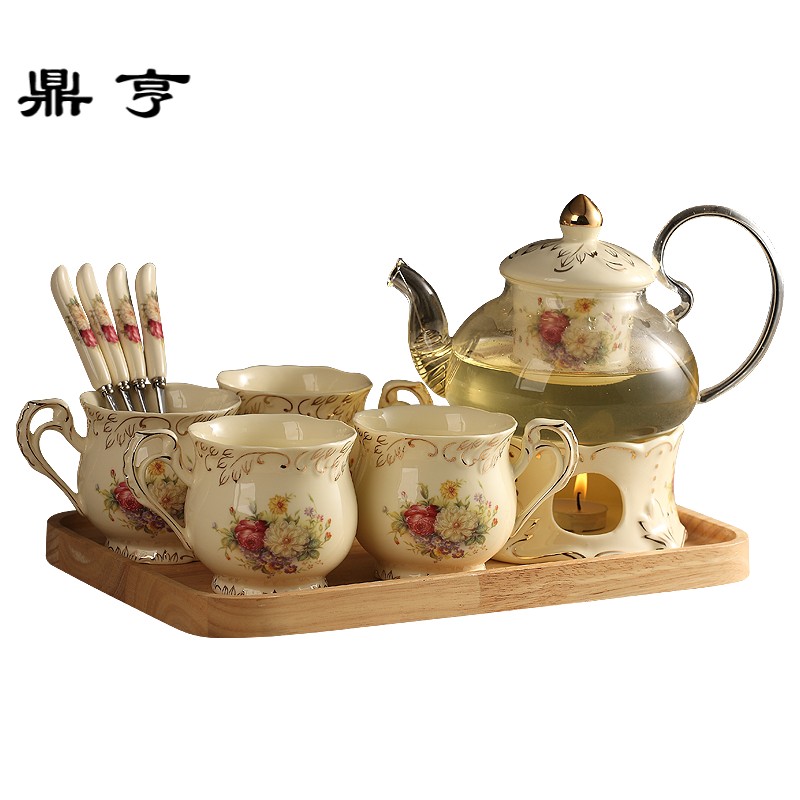 鼎亨花茶茶具套装家用欧式陶瓷蜡烛加热煮水果茶玻璃茶壶下午茶茶