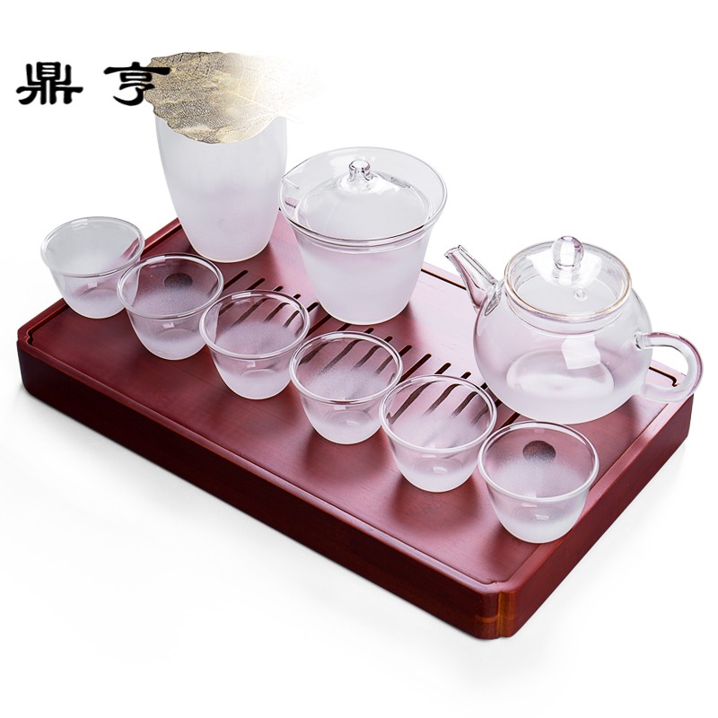 鼎亨 日式云雾玻璃茶具套装耐热透明盖碗茶壶茶杯磨砂茶具礼盒装