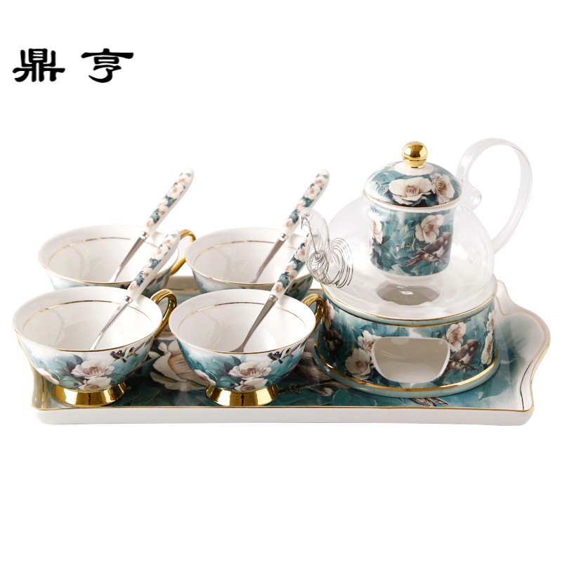 鼎亨杜鹃鸟陶瓷玻璃加热花茶壶套装带过滤欧式下午茶茶具保温泡茶