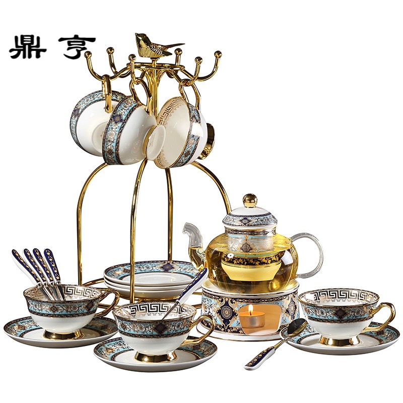 鼎亨波西米蓝花茶壶套装玻璃煮水果茶壶家用蜡烛加热下午茶具带过