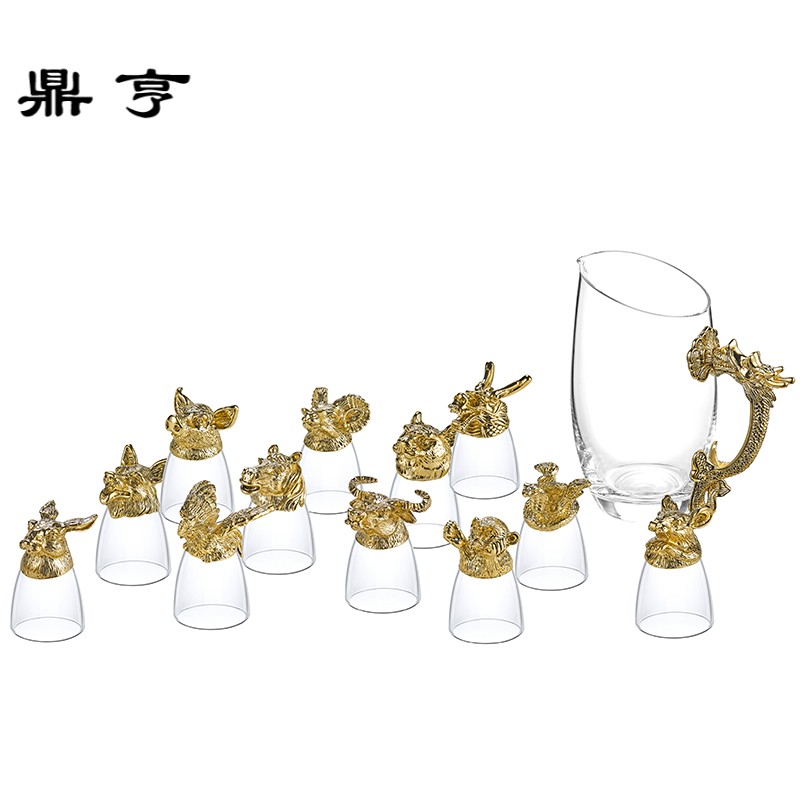 鼎亨12只十二生肖白酒杯套装分酒器水晶玻璃杯中式兽首酒具小酒杯