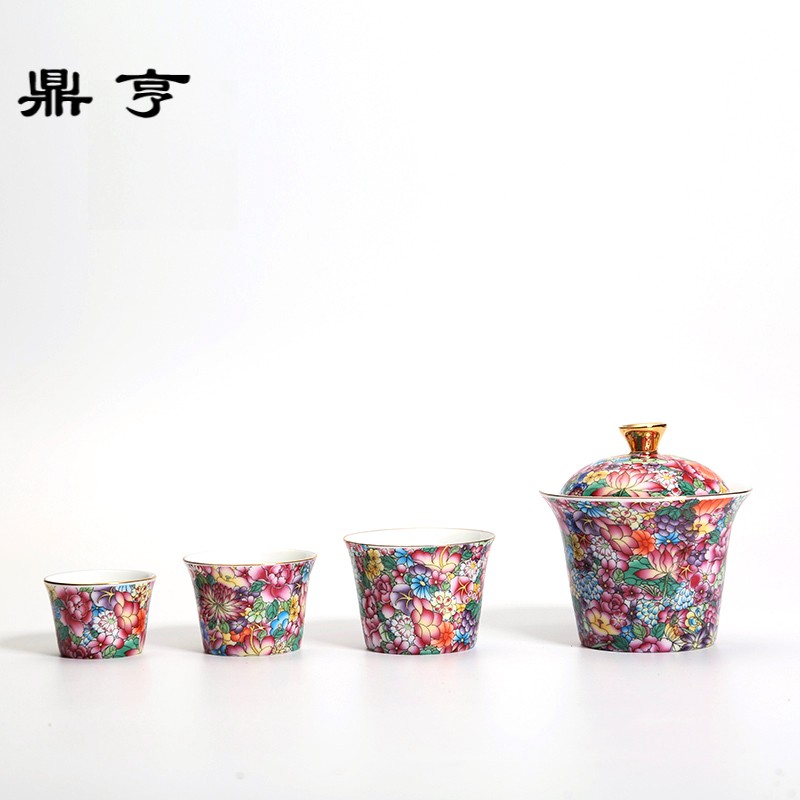鼎亨景德镇手绘万花仿法郎彩陶瓷泡茶杯三才碗品茗杯便携功夫旅行