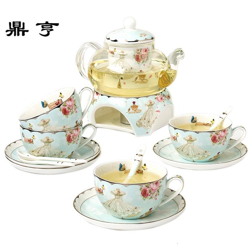 鼎亨简约花茶茶具花茶壶玻璃套装加热底座水果茶壶家用英式茶具欧