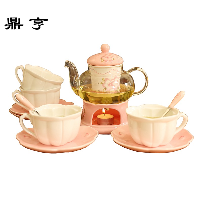 鼎亨日式樱花茶具套装 加热花茶壶下午茶 陶瓷耐热玻璃水果茶杯