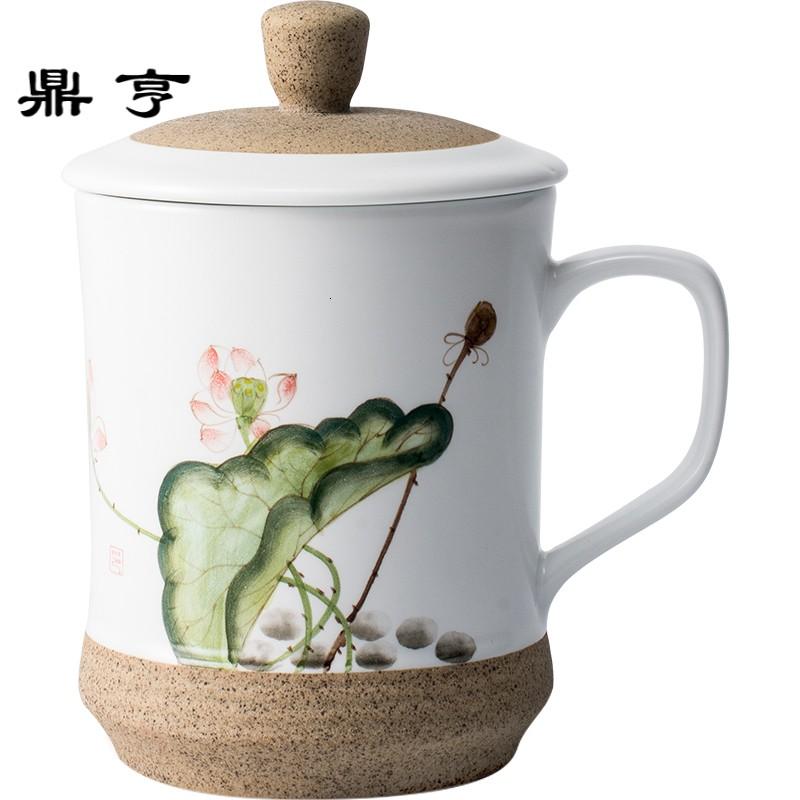 鼎亨中式陶瓷茶杯带盖手绘直身马克杯办公室家用泡茶杯礼品杯水杯