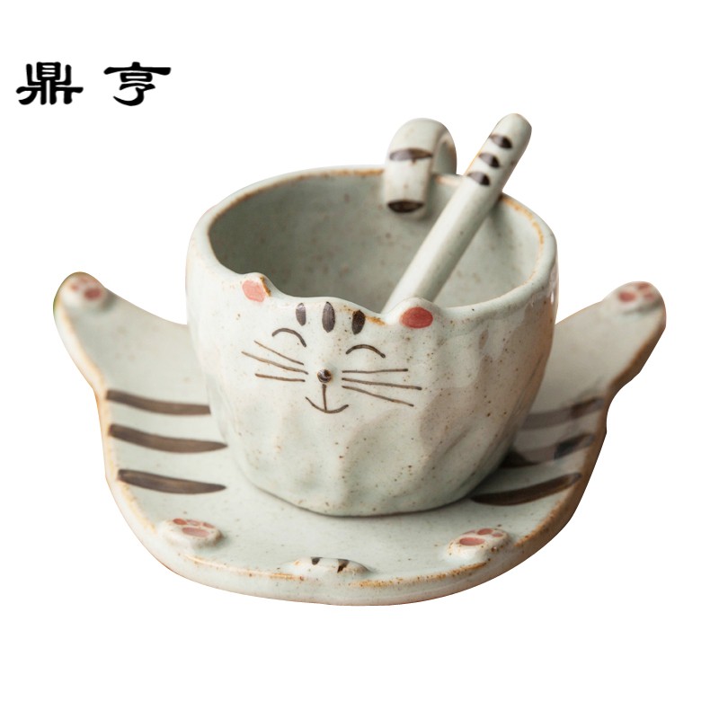 鼎亨景德镇手绘猫咪陶瓷杯子手工咖啡杯带勺带碟可爱卡通萌物趣味